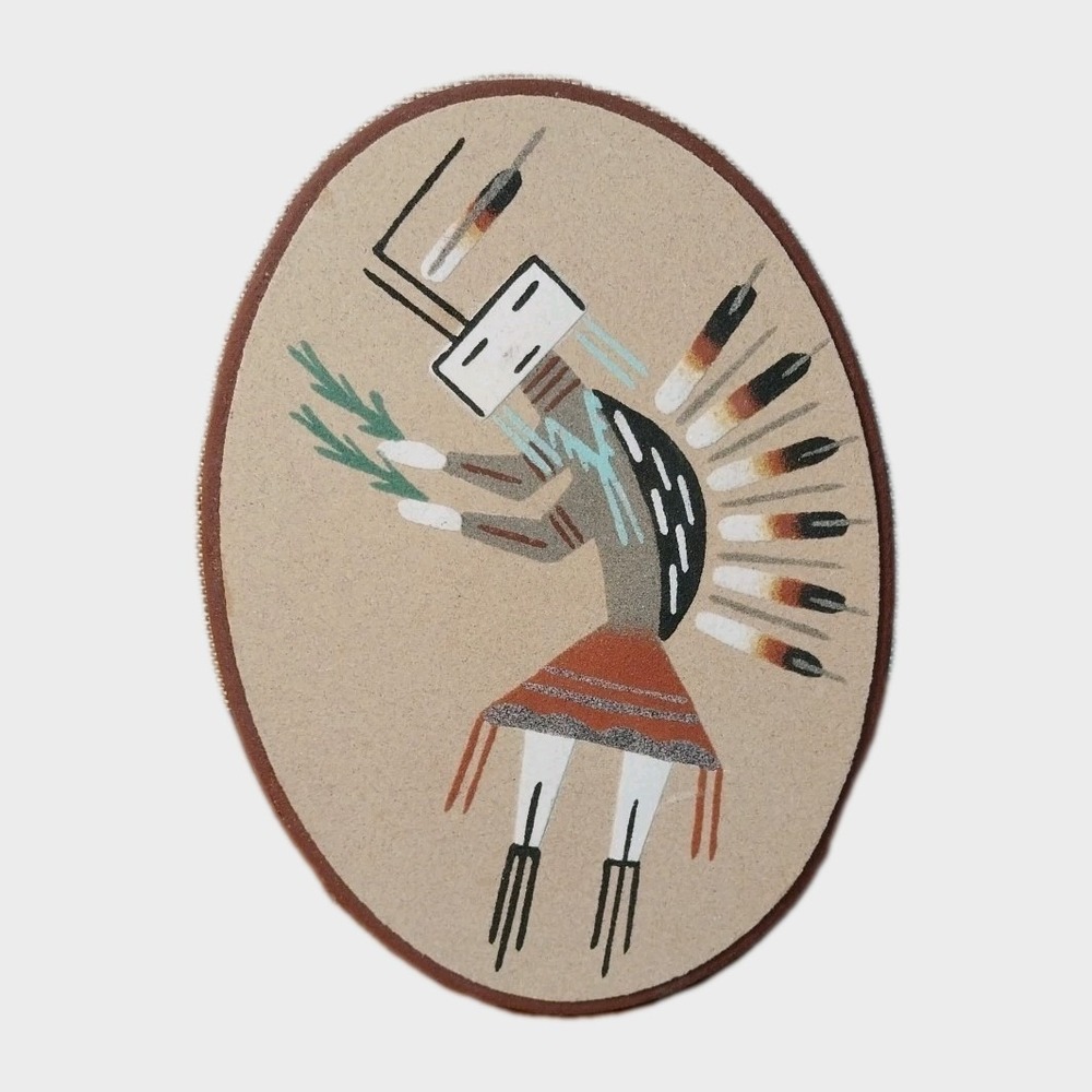 Navajo Sand Painting Signed Native American Sand Art Wall Decor Oval 9x7" READ
